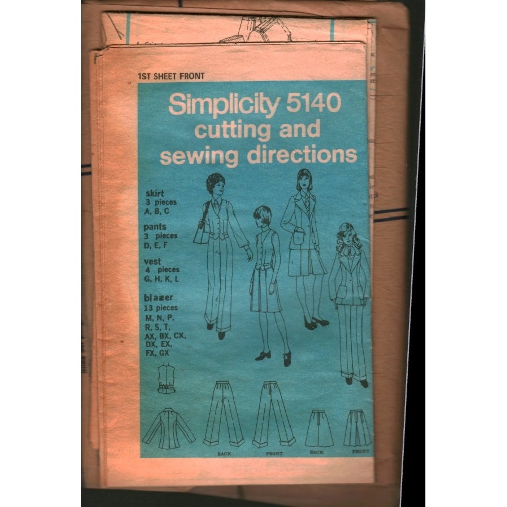 Vintage Simplicity 5140 Sewing Pattern Directions Skirt Pants Vest Blazer 70s
